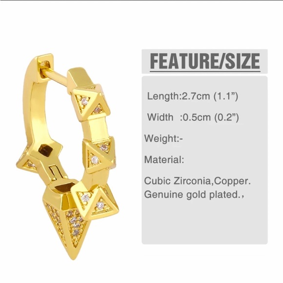 Gold Zircon Spiked Minimalist Earrings, Hoop, Huggie - Picture 9 of 9